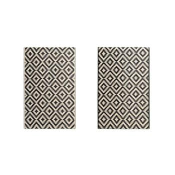 Two rectangular rugs with a repeating black and white diamond pattern, placed side by side on a white background.
