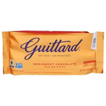A gold bag of Guittard Semisweet Chocolate Baking Chips, featuring the brand name in blue script and 46% cacao details—perfect for adding rich flavor to my favorite chocolate recipes.