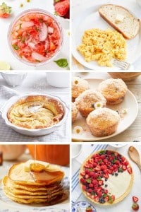 A collage of six breakfast foods—perfect for Mother's Day brunch ideas: a strawberry drink, scrambled eggs with buttered toast, apple tart, sugar-dusted doughnuts, pancakes with syrup, and a fruit-topped tart with berries and kiwi.