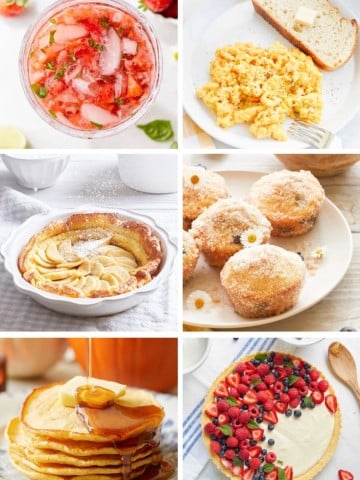 A collage of six breakfast foods—perfect for Mother's Day brunch ideas: a strawberry drink, scrambled eggs with buttered toast, apple tart, sugar-dusted doughnuts, pancakes with syrup, and a fruit-topped tart with berries and kiwi.
