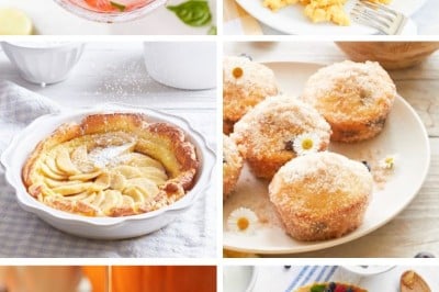 A collage of six breakfast foods—perfect for Mother's Day brunch ideas: a strawberry drink, scrambled eggs with buttered toast, apple tart, sugar-dusted doughnuts, pancakes with syrup, and a fruit-topped tart with berries and kiwi.