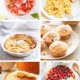 A collage of six breakfast foods—perfect for Mother's Day brunch ideas: a strawberry drink, scrambled eggs with buttered toast, apple tart, sugar-dusted doughnuts, pancakes with syrup, and a fruit-topped tart with berries and kiwi.
