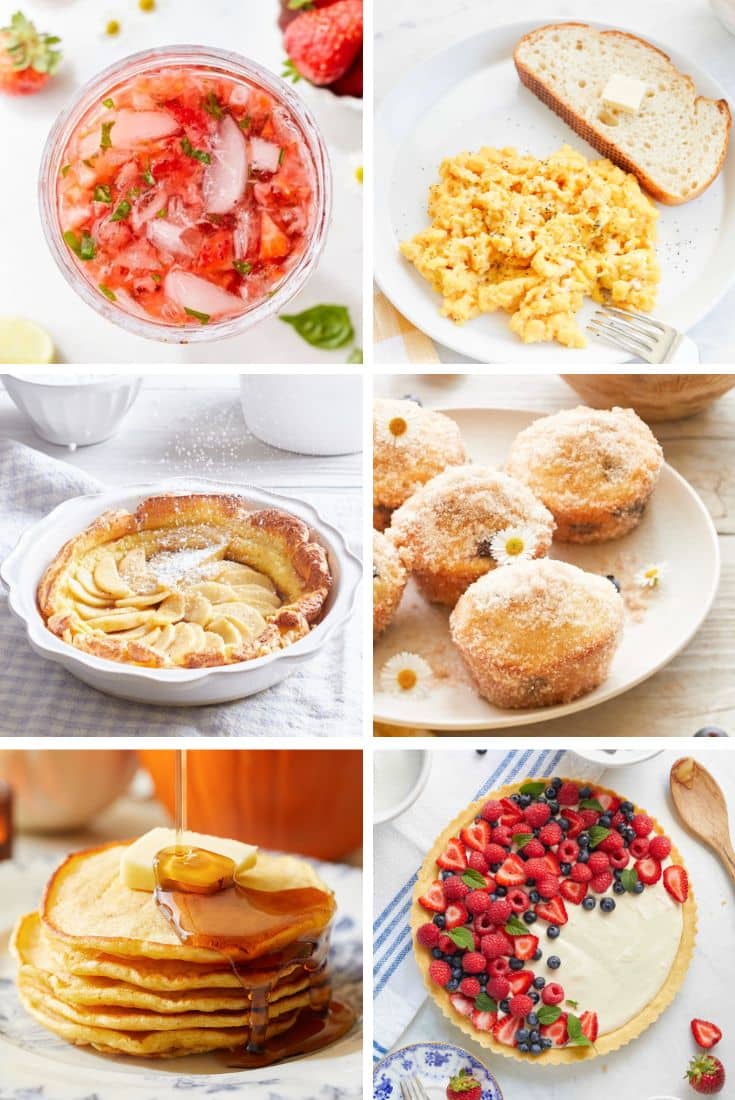 A collage of six breakfast foods—perfect for Mother's Day brunch ideas: a strawberry drink, scrambled eggs with buttered toast, apple tart, sugar-dusted doughnuts, pancakes with syrup, and a fruit-topped tart with berries and kiwi.