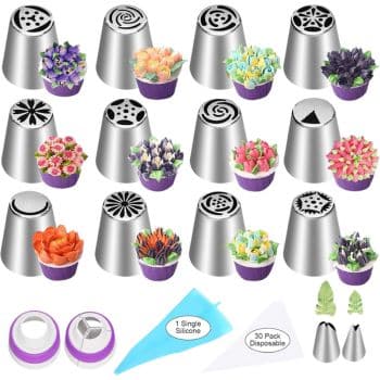 A set of various metal piping tips, each decorated with colorful flower-shaped icing inspired by my favorite flower inspiration, plus two couplers, a blue silicone piping bag, disposable bags, and leaf piping tips at the bottom right.