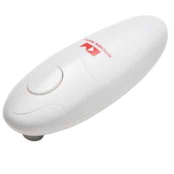 A white, handheld electric can opener with a rounded design and a button on top, featuring the "Kitchen Mama" logo in red—perfect for prepping my favorite side dishes quickly and easily.