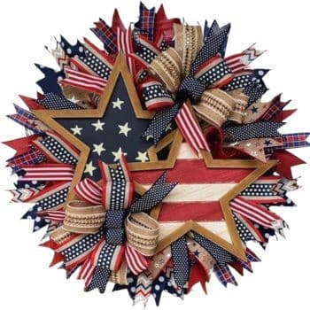 Patriotic 4th of July wreaths featuring two star shapes, American flag patterns, red, white, and blue ribbons, and burlap bows, all beautifully arranged in a festive, layered design.