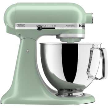 A pastel green stand mixer with a stainless steel mixing bowl and handle, featuring a speed control dial and the brand name "KitchenAid" on the side—perfect for whipping up my favorite easy dinner ideas.