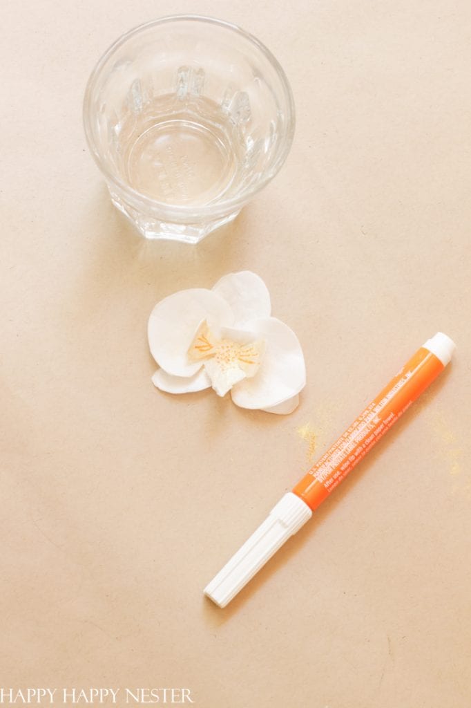A clear glass, white artificial flower—perfect for my favorite flower crafts—and an orange edible marker are arranged on a beige surface.