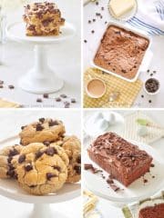 A collage of four images featuring my favorite chocolate recipes: chocolate chip bars on a cake stand, brownies in a baking dish, chocolate chip cookies stacked on a stand, and a loaf of chocolate cake with frosting.