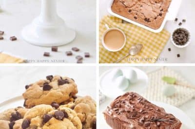 A collage of four images featuring my favorite chocolate recipes: chocolate chip bars on a cake stand, brownies in a baking dish, chocolate chip cookies stacked on a stand, and a loaf of chocolate cake with frosting.