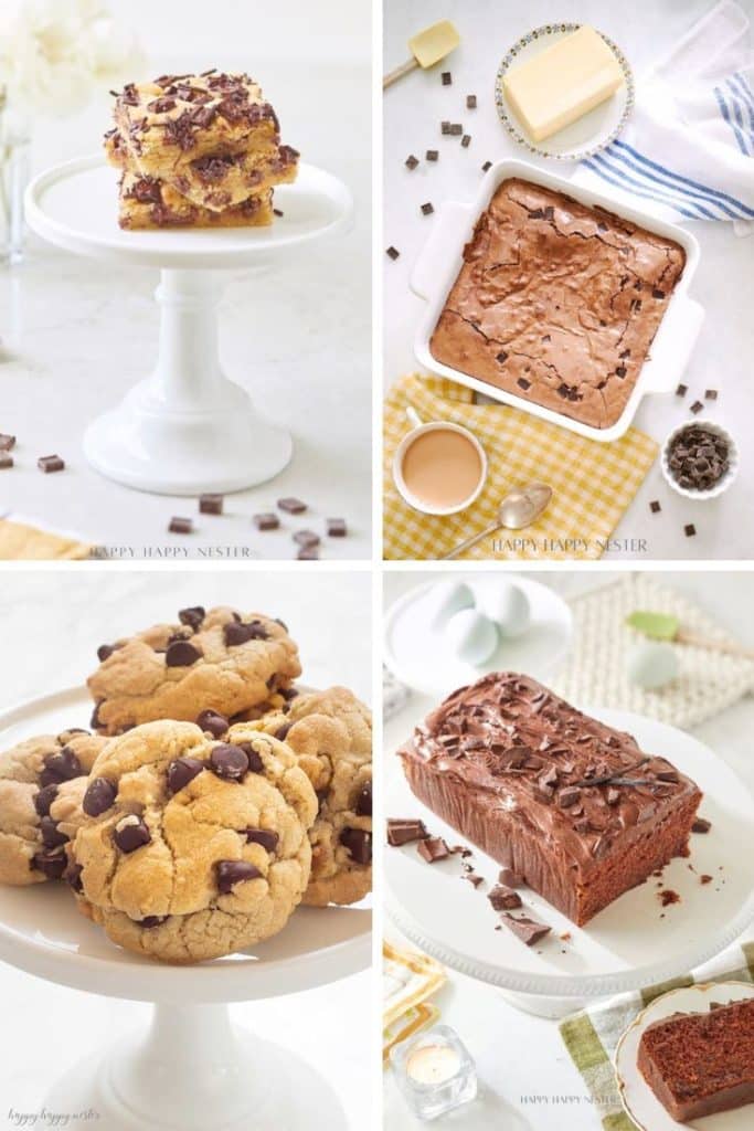 A collage of four images featuring my favorite chocolate recipes: chocolate chip bars on a cake stand, brownies in a baking dish, chocolate chip cookies stacked on a stand, and a loaf of chocolate cake with frosting.