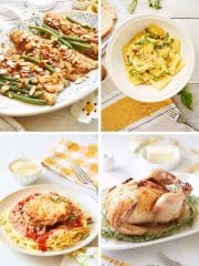 A collage of four dishes—green bean almondine, ravioli with herbs, spaghetti with chicken parmesan, and whole roasted chicken—served on light plates. These are some of my favorite easy dinner ideas for a delicious and effortless meal.