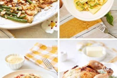 A collage of four dishes—green bean almondine, ravioli with herbs, spaghetti with chicken parmesan, and whole roasted chicken—served on light plates. These are some of my favorite easy dinner ideas for a delicious and effortless meal.