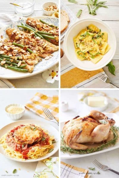 A collage of four dishes—green bean almondine, ravioli with herbs, spaghetti with chicken parmesan, and whole roasted chicken—served on light plates. These are some of my favorite easy dinner ideas for a delicious and effortless meal.