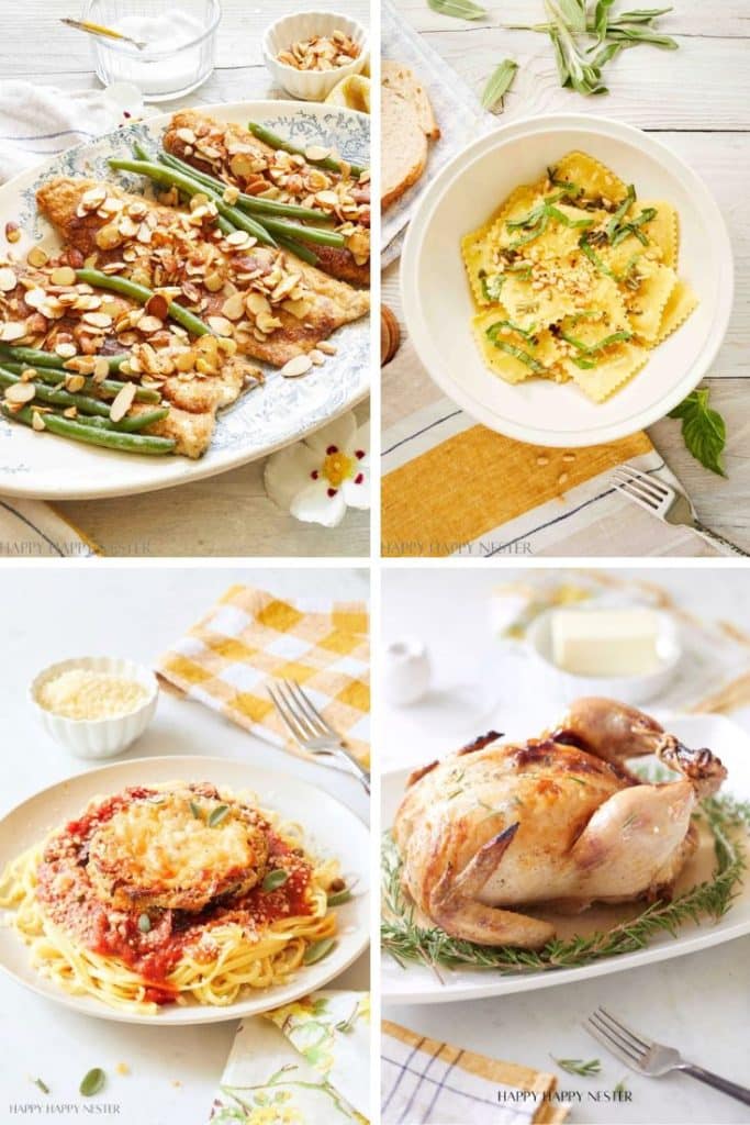 A collage of four dishes—green bean almondine, ravioli with herbs, spaghetti with chicken parmesan, and whole roasted chicken—served on light plates. These are some of my favorite easy dinner ideas for a delicious and effortless meal.