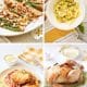 A collage of four dishes—green bean almondine, ravioli with herbs, spaghetti with chicken parmesan, and whole roasted chicken—served on light plates. These are some of my favorite easy dinner ideas for a delicious and effortless meal.