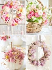 A collage of my favorite flower crafts: two wreaths with pink and cream flowers, a wicker basket filled with tulips, and a white pumpkin used as a vase for pink dried flowers.
