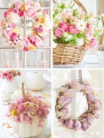 A collage of my favorite flower crafts: two wreaths with pink and cream flowers, a wicker basket filled with tulips, and a white pumpkin used as a vase for pink dried flowers.