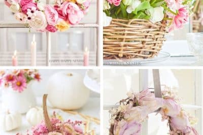 A collage of my favorite flower crafts: two wreaths with pink and cream flowers, a wicker basket filled with tulips, and a white pumpkin used as a vase for pink dried flowers.