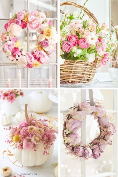 A collage of my favorite flower crafts: two wreaths with pink and cream flowers, a wicker basket filled with tulips, and a white pumpkin used as a vase for pink dried flowers.
