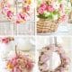 A collage of my favorite flower crafts: two wreaths with pink and cream flowers, a wicker basket filled with tulips, and a white pumpkin used as a vase for pink dried flowers.