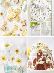 A collage with my favorite flower inspiration: lemon-shaped cookies and flowers; a daisy wreath on a glass door; white poppy flowers in blue glass bottles; and a decorated bundt cake topped with pastel candies and popcorn.