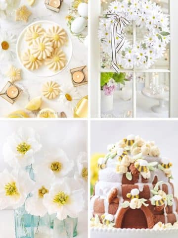 A collage with my favorite flower inspiration: lemon-shaped cookies and flowers; a daisy wreath on a glass door; white poppy flowers in blue glass bottles; and a decorated bundt cake topped with pastel candies and popcorn.