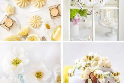 A collage with my favorite flower inspiration: lemon-shaped cookies and flowers; a daisy wreath on a glass door; white poppy flowers in blue glass bottles; and a decorated bundt cake topped with pastel candies and popcorn.