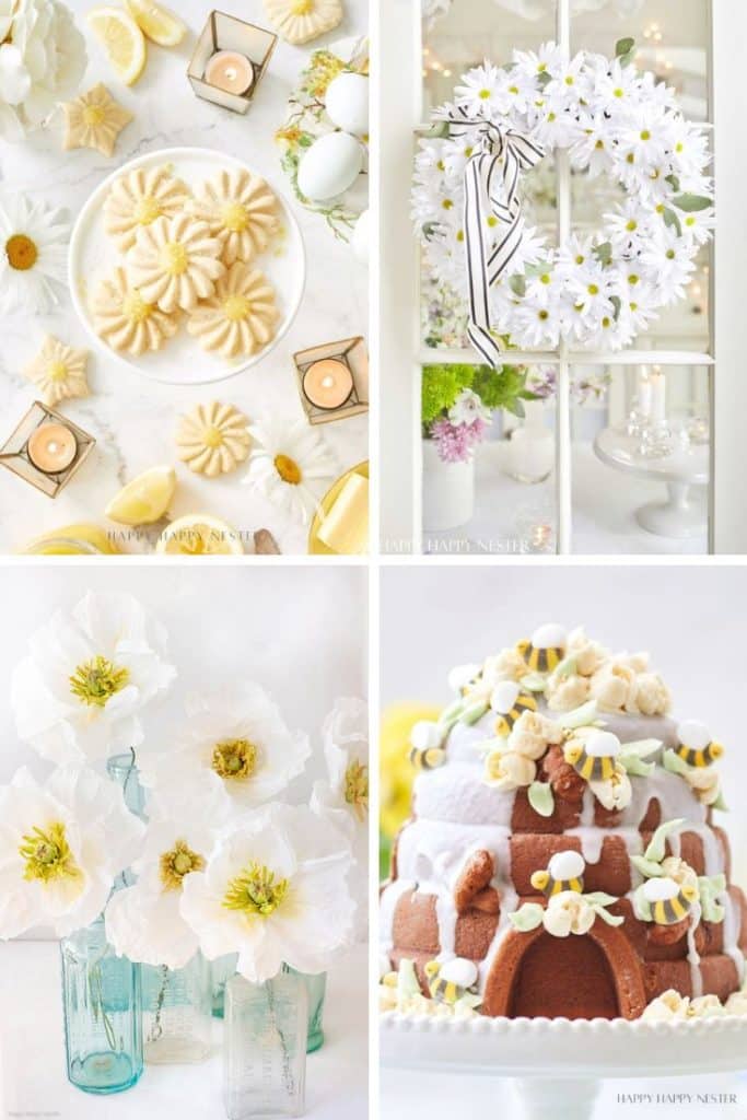 A collage with my favorite flower inspiration: lemon-shaped cookies and flowers; a daisy wreath on a glass door; white poppy flowers in blue glass bottles; and a decorated bundt cake topped with pastel candies and popcorn.