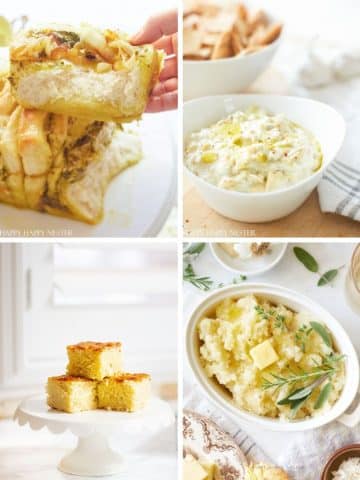 A collage of four of my favorite side dishes: cheesy pull-apart bread, a bowl of creamy dip with chips, cornbread squares stacked on a cake stand, and mashed potatoes garnished with herbs and butter.