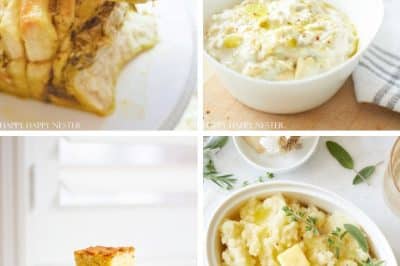 A collage of four of my favorite side dishes: cheesy pull-apart bread, a bowl of creamy dip with chips, cornbread squares stacked on a cake stand, and mashed potatoes garnished with herbs and butter.