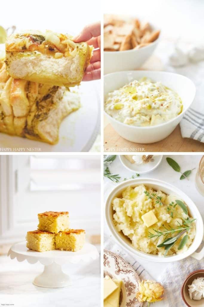 A collage of four of my favorite side dishes: cheesy pull-apart bread, a bowl of creamy dip with chips, cornbread squares stacked on a cake stand, and mashed potatoes garnished with herbs and butter.