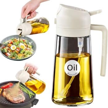 A clear glass oil dispenser with a white lid is shown pouring oil onto a salad and a steak with vegetables—two of my favorite side dishes. The "Oil Avocado" label stands out, and the main image highlights its yellow oil inside.
