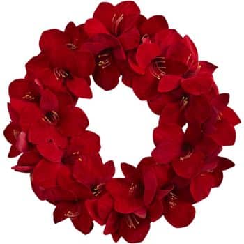 A circular wreath made of vibrant red flowers with yellow stamens, arranged densely to form a full, symmetrical ring against a white background.