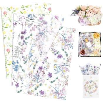 Floral-themed tissue papers with various colorful flower patterns, inspired by my favorite flower inspiration, displayed next to examples of their use in a bouquet, a gift box, and a thank you gift bag.