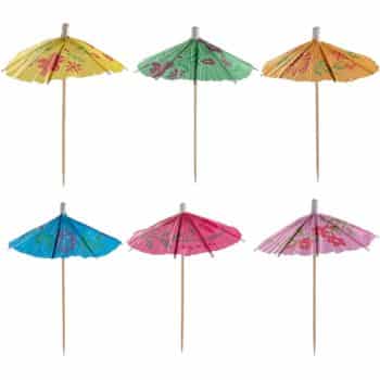 Six colorful paper cocktail umbrellas in yellow, green, orange, blue, red, and pink with floral patterns are arranged in two rows on a white background—perfect accents for my favorite summer drinks.