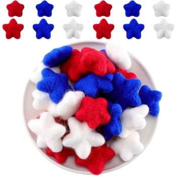 A bowl filled with fluffy star-shaped objects in red, white, and blue, with rows of similar stars arranged above it on a white background.