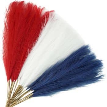 A fan made of long, soft feathers in red, white, and blue, arranged in three distinct sections. The feathers are attached to thin, golden handles at the base.