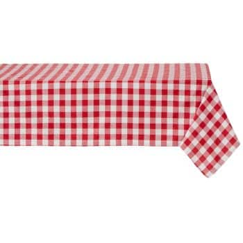 A rectangular table covered with a red and white checkered tablecloth, draped evenly over the sides, against a white background.
