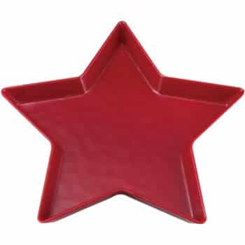 A red, five-pointed, star-shaped tray with slightly raised edges, viewed from above on a plain white background.