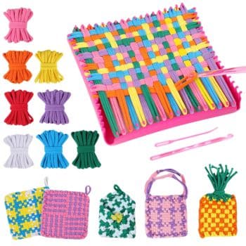 Colorful loom weaving kit with a pink square loom, plastic needles, and bundles of multicolored loops—perfect for creating woven pot holders in vibrant patterns. My favorite summer decor to make and display at home!.