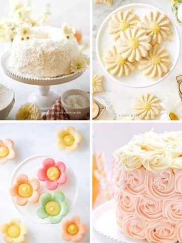 A collage of my favorite floral desserts: a coconut cake with flowers, daisy-shaped cookies, colorful flower-shaped cookies, and a pink rosette cake, all displayed on white cake stands and plates.