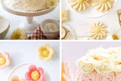 A collage of my favorite floral desserts: a coconut cake with flowers, daisy-shaped cookies, colorful flower-shaped cookies, and a pink rosette cake, all displayed on white cake stands and plates.