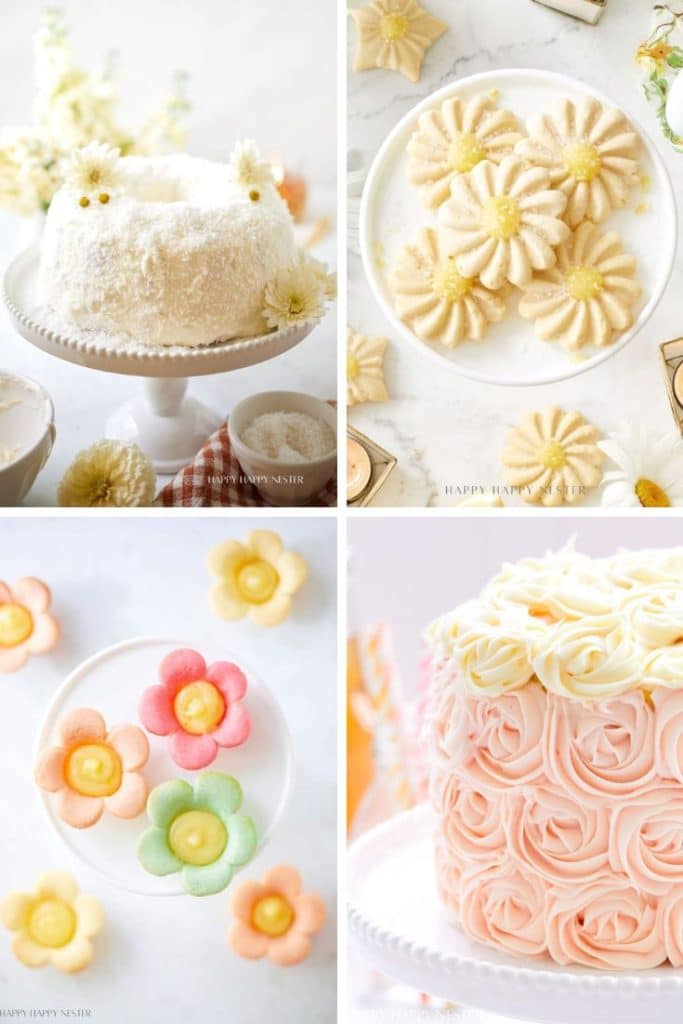 A collage of my favorite floral desserts: a coconut cake with flowers, daisy-shaped cookies, colorful flower-shaped cookies, and a pink rosette cake, all displayed on white cake stands and plates.