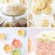 A collage of my favorite floral desserts: a coconut cake with flowers, daisy-shaped cookies, colorful flower-shaped cookies, and a pink rosette cake, all displayed on white cake stands and plates.