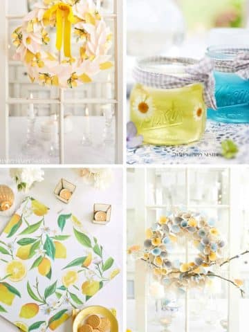 A collage of four spring-themed crafts featuring my favorite summer decor to make: lemon and blue floral wreaths, mason jars with yellow drink and floral lids, plus lemon-printed napkins with cookies, tea lights, and flowers.