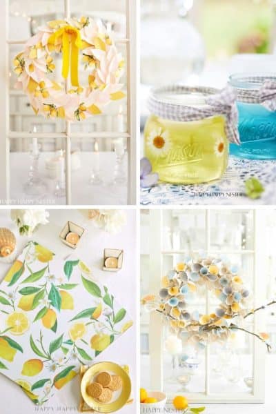A collage of four spring-themed crafts featuring my favorite summer decor to make: lemon and blue floral wreaths, mason jars with yellow drink and floral lids, plus lemon-printed napkins with cookies, tea lights, and flowers.