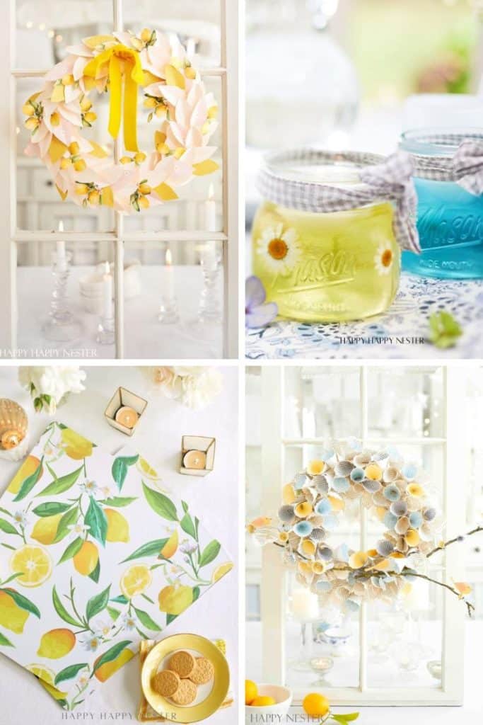 A collage of four spring-themed crafts featuring my favorite summer decor to make: lemon and blue floral wreaths, mason jars with yellow drink and floral lids, plus lemon-printed napkins with cookies, tea lights, and flowers.