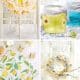A collage of four spring-themed crafts featuring my favorite summer decor to make: lemon and blue floral wreaths, mason jars with yellow drink and floral lids, plus lemon-printed napkins with cookies, tea lights, and flowers.