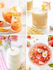 A collage of my favorite summer drinks: peach sangria with fruit slices, a creamy drink with an umbrella and daisy decoration, a frothy white smoothie with a straw, and a pink strawberry drink garnished with small flowers.